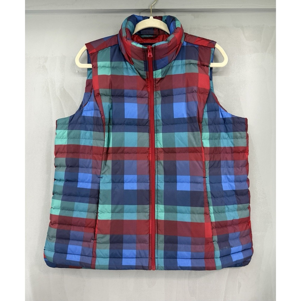 Lands End Down Puffer Vest Womens Large 14/16 Plaid Red Blue Green Zip Up